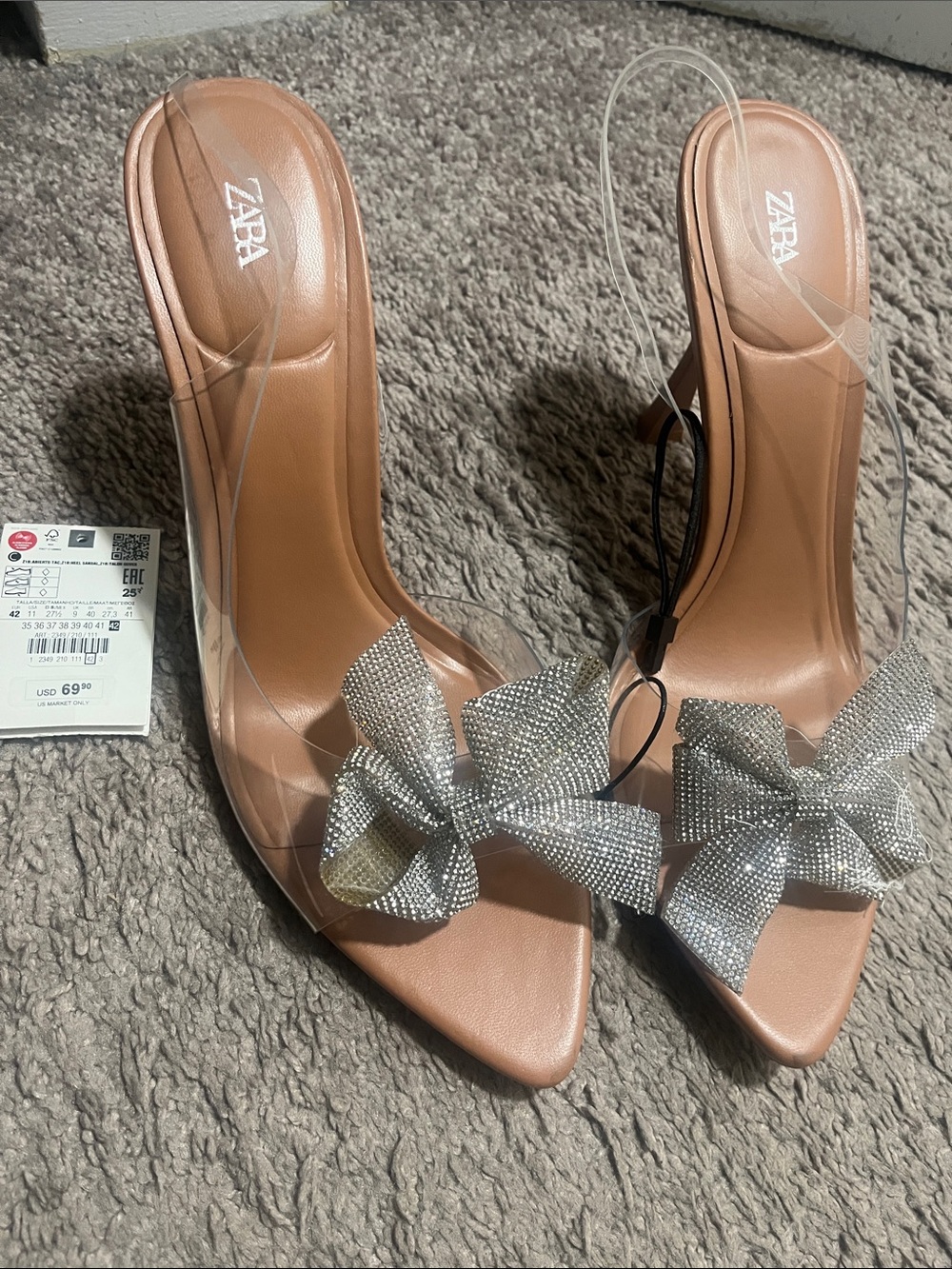ZARA Tan Slip-On Heels with Silver Crystal Bow